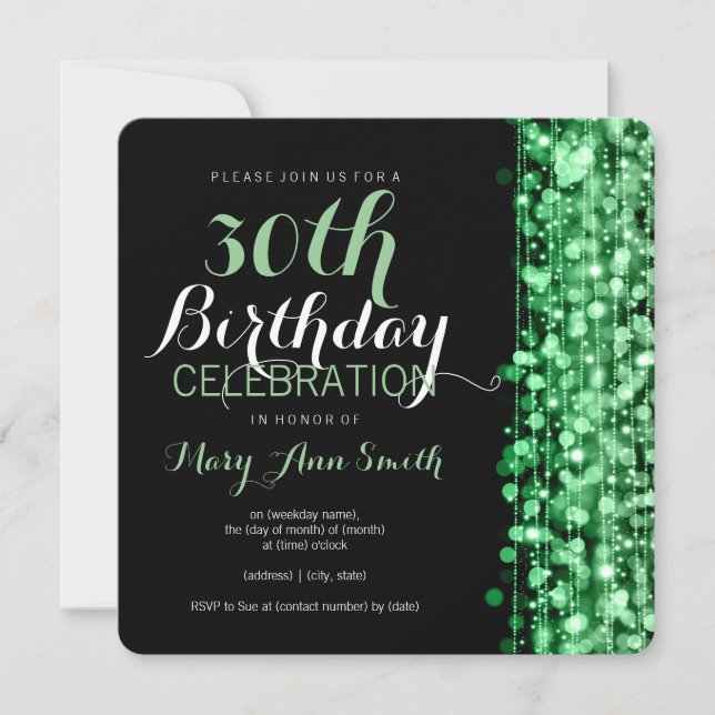 Elegant 30th Birthday Party Sparkles Green Invitation (Front)