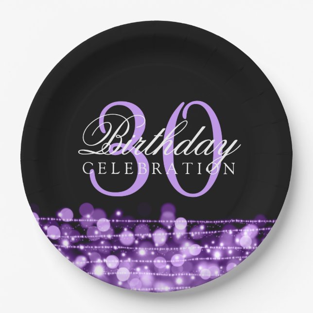 Elegant 30th Birthday Party Sparkles Purple Paper Plate (Front)