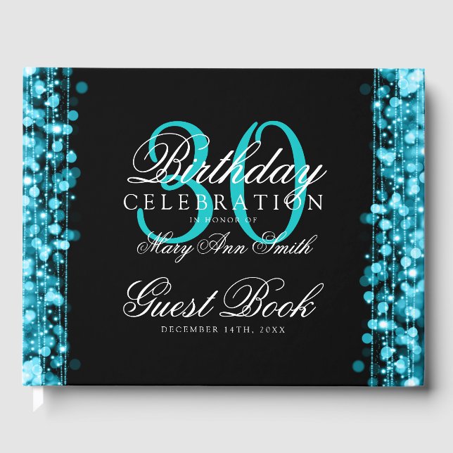 Elegant 30th Birthday Party Sparkles Turquoise Guest Book (Front)