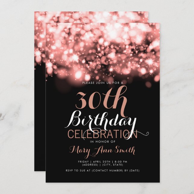 Elegant 30th Birthday Rose Gold Sparkling Lights Invitation (Front/Back)