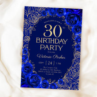 Elegant 30th Birthday Royal Blue Gold Floral