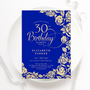 Elegant 30th Birthday Royal Blue Gold Roses Invitation