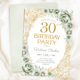 Elegant 30th Birthday Sage Green Gold Floral Invitation