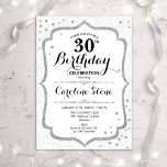 Elegant 30th Birthday - Silver White Invitation<br><div class="desc">Elegant 30th Birthday Invitation. Stylish design in white and silver. Features damask pattern,  script font and faux glitter silver confetti. Perfect for a glam all white birthday celebration. Can be customised to show any age. Message me if you need further customisation.</div>
