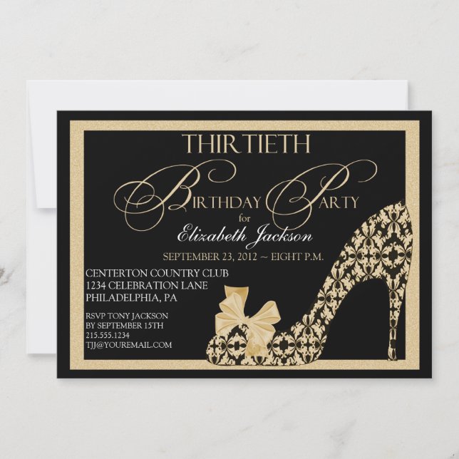 Elegant 30th Gold & Black Damask Shoe Invitation (Front)
