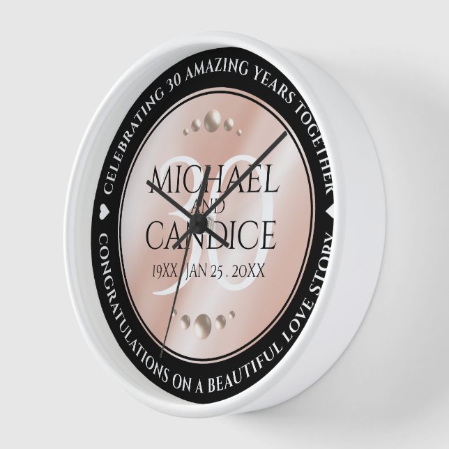 Elegant 30th Pearl Wedding Anniversary Celebration Clock (Angle)