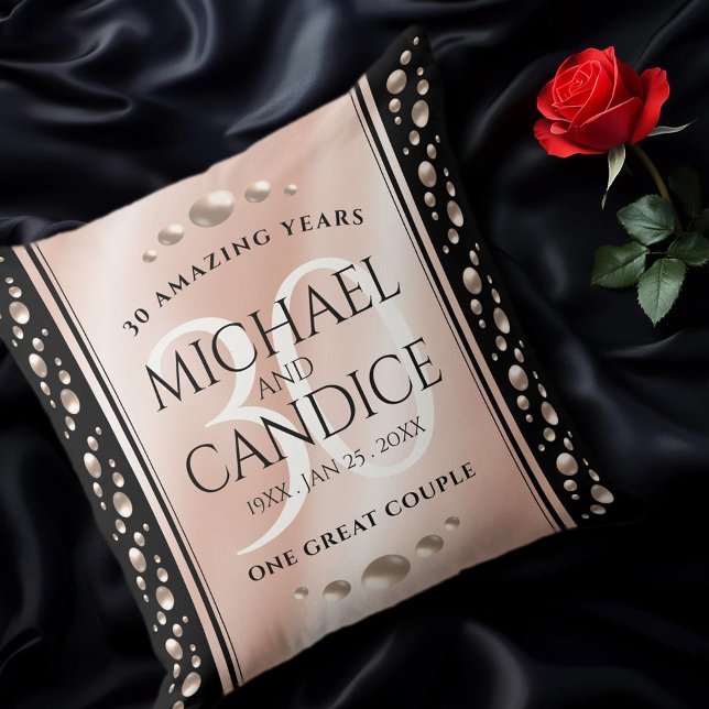 Elegant 30th Pearl Wedding Anniversary Celebration Cushion (EO 30th Wedding Anniversary Throw Pillow on Black Silk Cover Photo)