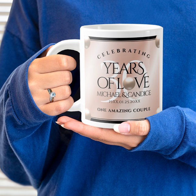 Elegant 30th Pearl Wedding Anniversary Celebration Large Coffee Mug (30thth wedding anniversary jumbo mug held by woman sporting a wedding ring and blue sweatshirt.)