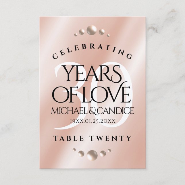 Elegant 30th Pearl Wedding Anniversary Table Card (Front)