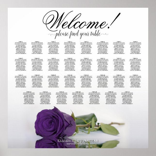 Elegant 31 Table Royal Purple Rose Seating Chart (Front)