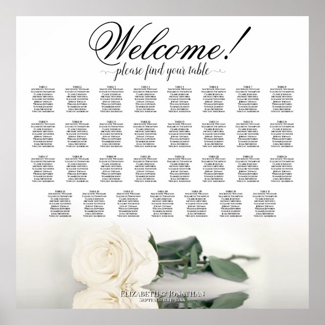 Elegant 31 Table White Rose Wedding Seating Chart (Front)