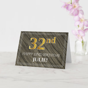 Elegant 32nd Birthday: Faux Wood, Faux Gold Look Card