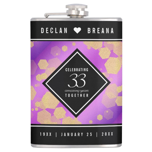 Elegant 33rd Amethyst Wedding Anniversary Hip Flask (Front)