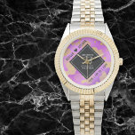 Elegant 33rd Amethyst Wedding Anniversary Watch<br><div class="desc">Celebrate the 33rd amethyst wedding anniversary and a love that stands the test of time with this stylish watch! Elegant black and white lettering with gold-dusted hexagonal confetti on an amethyst purple background add a memorable touch for this special occasion and extraordinary milestone. Personalize with the couple's names and dates...</div>