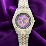 Elegant 33rd Amethyst Wedding Anniversary Watch<br><div class="desc">Celebrate the 33rd amethyst wedding anniversary in style with this commemorative watch! Elegant lettering with gold-dusted hexagonal confetti on an amethyst background add a memorable touch for this special occasion and extraordinary milestone. Customise with couple's names, dates of marriage, and congratulatory messages. Design © W.H. Sim. See more at zazzle.com/expressionsoccasions...</div>