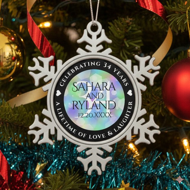 Elegant 34th Opal Wedding Anniversary Celebration Snowflake Pewter Christmas Ornament (34th Opal Wedding Anniversary Snowflake Pewter Ornament Cover Photo)
