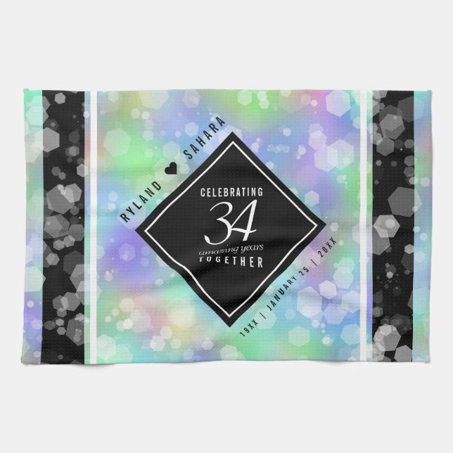 Elegant 34th Opal Wedding Anniversary Celebration Tea Towel (Horizontal)