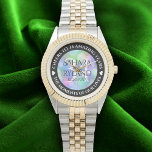 Elegant 34th Opal Wedding Anniversary Celebration Watch<br><div class="desc">Celebrate the 34th opal wedding anniversary with this commemorative watch! Elegant lettering with hexagonal confetti on an iridescent opal background add a memorable touch for this special occasion and extraordinary milestone. Customise with couple's names,  dates of marriage,  and congratulatory messages.

Design © W.H. Sim. See more at zazzle.com/expressionsoccasions</div>