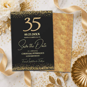 Elegant 35th Black Gold Glitter Birthday Save The Date