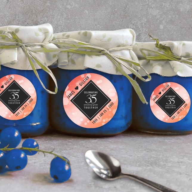 Elegant 35th Coral Wedding Anniversary Celebration Classic Round Sticker (Elegant 35th Coral Wedding Anniversary Round Sticker Cover Photo.)