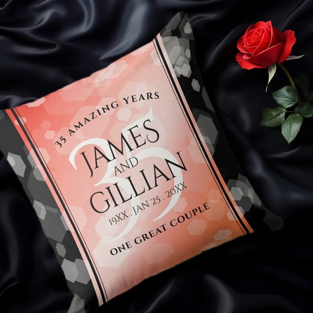 Elegant 35th Coral Wedding Anniversary Celebration Cushion (EO 35th Wedding Anniversary Throw Pillow on Black Silk Cover Photo.)