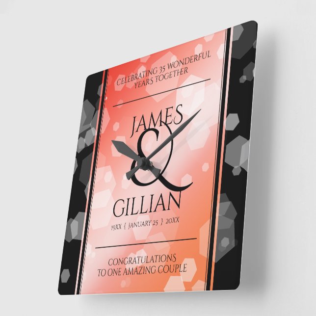 Elegant 35th Coral Wedding Anniversary Celebration Square Wall Clock (Angle)