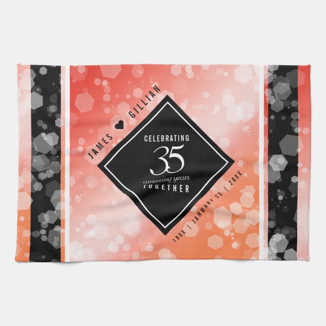 Elegant 35th Coral Wedding Anniversary Celebration Tea Towel (Horizontal)
