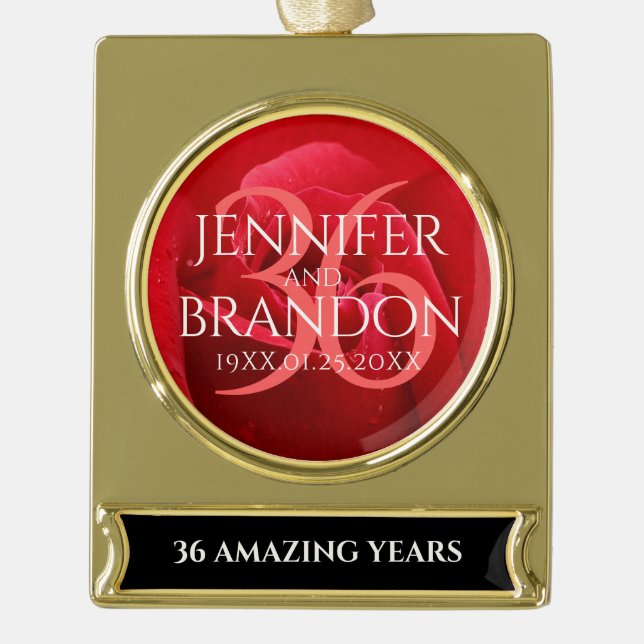 Elegant 36th Rose Wedding Anniversary Celebration Gold Plated Banner Ornament (Front)