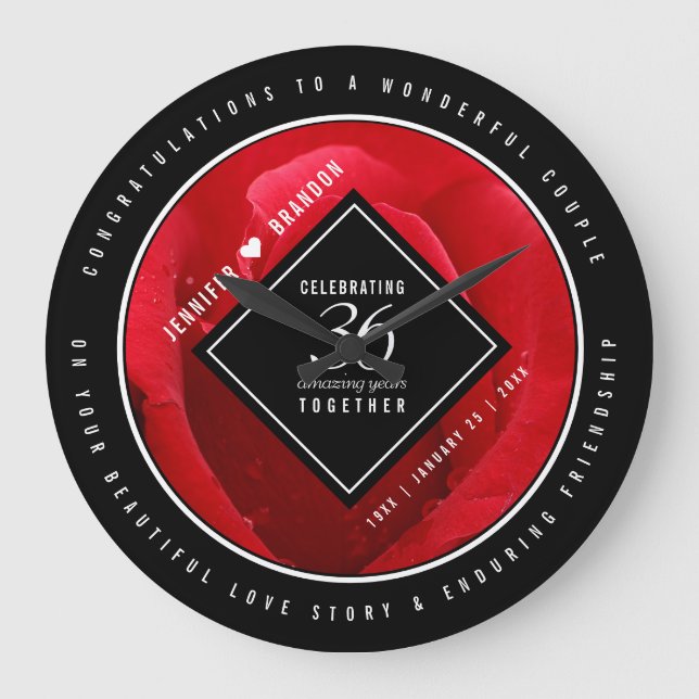 Elegant 36th Rose Wedding Anniversary Celebration Large Clock (Front)