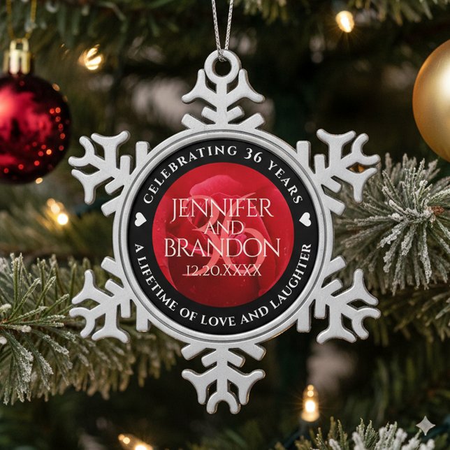 Elegant 36th Rose Wedding Anniversary Celebration Snowflake Pewter Christmas Ornament (36th Rose Wedding Anniversary Snowflake Pewter Ornament Cover Photo)