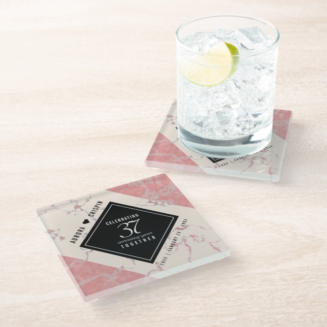 Elegant 37th Alabaster Wedding Anniversary Glass Coaster (Angled)