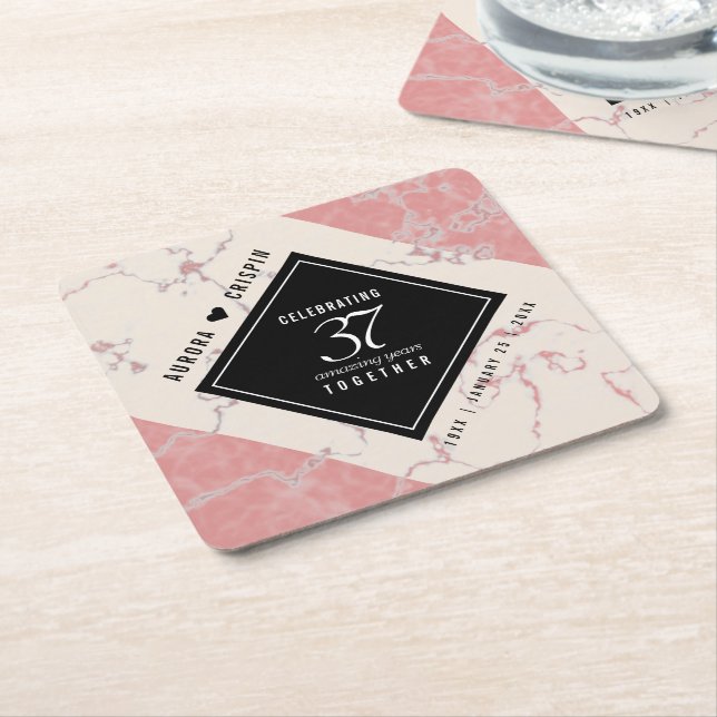 Elegant 37th Alabaster Wedding Anniversary Square Paper Coaster (Angled)