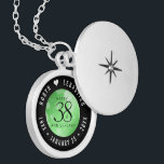 Elegant 38th Emerald Wedding Anniversary Locket Necklace<br><div class="desc">Commemorate the 38th wedding anniversary with this elegant locket! Elegant black serif and sans serif lettering with hexagonal confetti on an emerald green background add a memorable touch for this special occasion and extraordinary milestone. Customise with the happy couple's names, and dates for their emerald anniversary. Design © W.H. Sim,...</div>