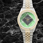 Elegant 38th Emerald Wedding Anniversary Watch<br><div class="desc">Celebrate the 38th emerald wedding anniversary and a love that stands the test of time with this stylish watch! Elegant black and white lettering with hexagonal confetti on an emerald green background add a memorable touch for this special occasion and extraordinary milestone. Personalise with the couple's names and dates of...</div>