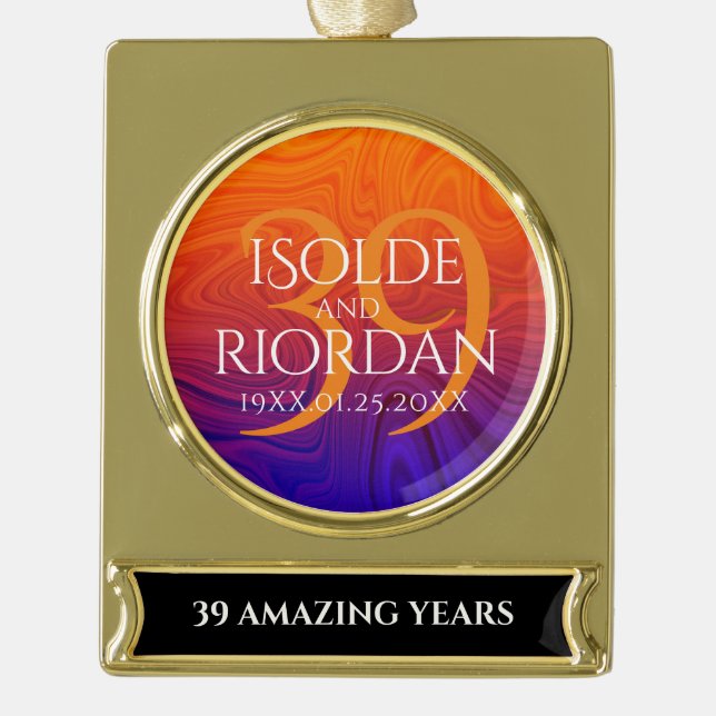 Elegant 39th Agate Wedding Anniversary Celebration Gold Plated Banner Ornament (Front)