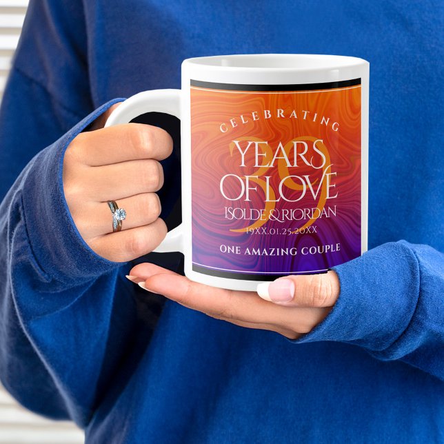 Elegant 39th Agate Wedding Anniversary Celebration Large Coffee Mug (39th wedding anniversary jumbo mug held by woman sporting a wedding ring and blue sweatshirt.)