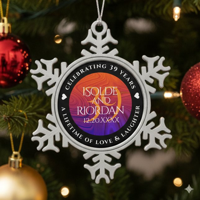 Elegant 39th Agate Wedding Anniversary Celebration Snowflake Pewter Christmas Ornament (39th Agate Wedding Anniversary Snowflake Pewter Ornament Cover Photo)