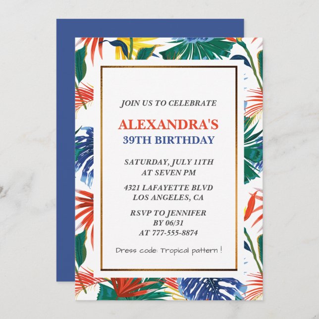 Elegant 39th birthday invitations Tropical Floral (Front/Back)