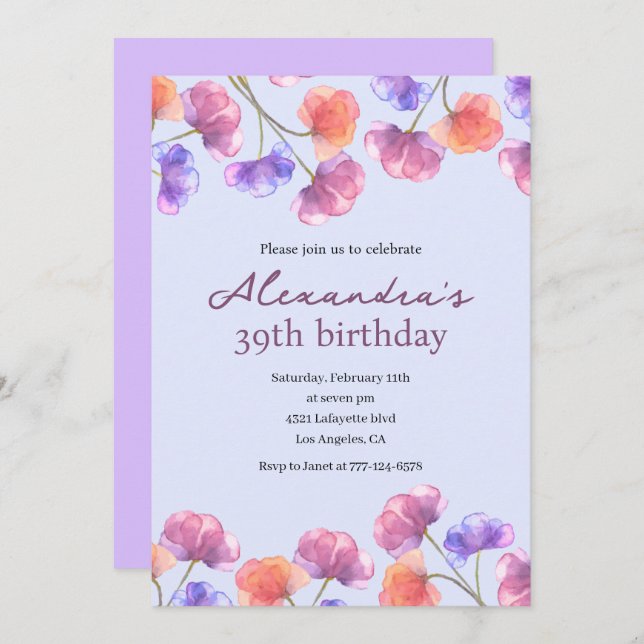 Elegant 39th invitations Boho Floral Chic (Front/Back)