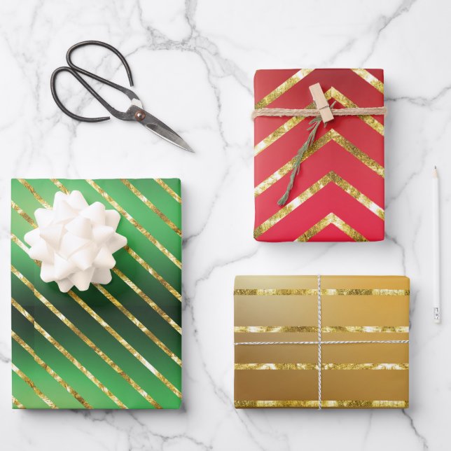 Elegant 3 Colours Gold Merry Christmas Wrapping Paper Sheet (Front)