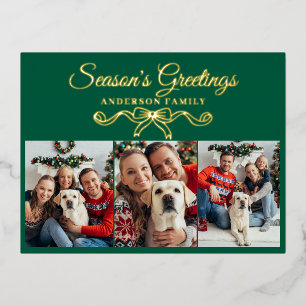 Elegant 3 Photo Collage Christmas Gold Foil Holiday Postcard