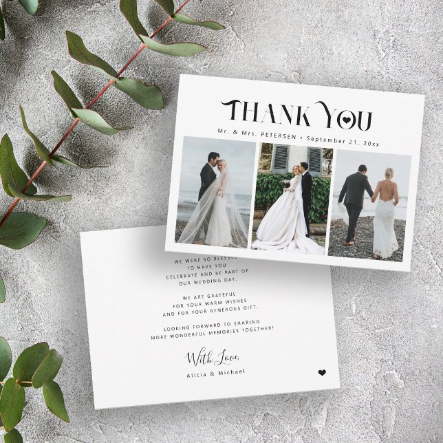 Elegant 3 photo collage modern wedding  thank you card (Creator Uploaded)