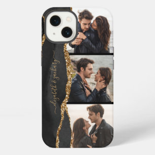 Elegant 3 Photo Collage Names Black Gold Agate iPhone 13 Case