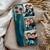 Elegant 3 Photo Collage Names Teal Gold Agate
