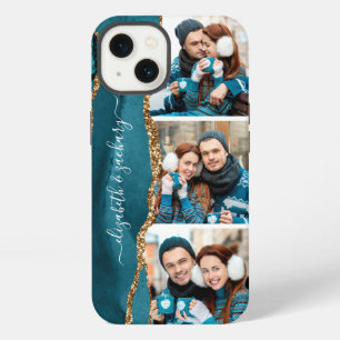 Elegant 3 Photo Collage Names Teal Gold Agate iPhone 13 Case