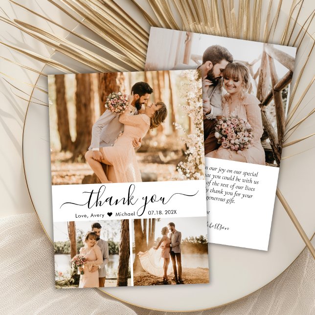 Elegant 3 Photo Collage Script Heart Wedding  Thank You Card (Creator Uploaded)