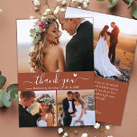 Elegant 3 Photo Collage Terracotta Script Wedding Thank You Card<br><div class="desc">Minimalist Modern Boho Elegant Script 3 Photo Collage Terracotta Wedding Thank You Card. Stylish wedding thank you card template featuring 3 (three) photo on the front and one (1) photo on the back. With the text „Thank You” in a swirly hand lettering typography script font with swash tail and little...</div>