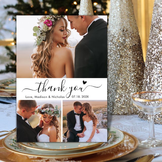 Elegant 3 Photo Collage Typography Script Wedding  Thank You Card (Creator Uploaded)