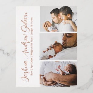 Elegant 3 Photo Foil Birth Announcement Postcard