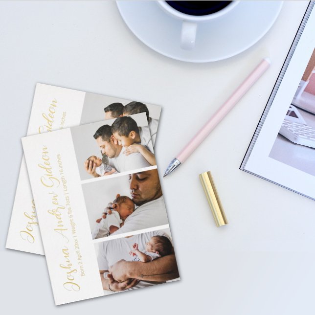 Elegant 3 Photo Foil Birth Announcement Postcard (Creator Uploaded)